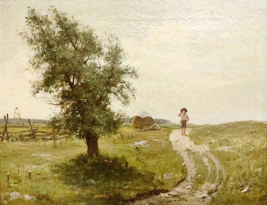 Barefoot Boy & Tree. Oil on Canvas. American C. 1910