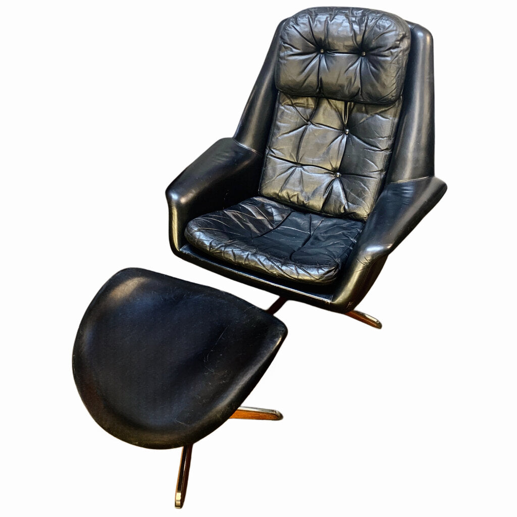 H.W. Klein for Bramin Mobler Black Leather Swivel Rocking Egg Chair & Ottoman