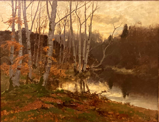 August Fink. Pond In Birch Woods. Oil in Canvas