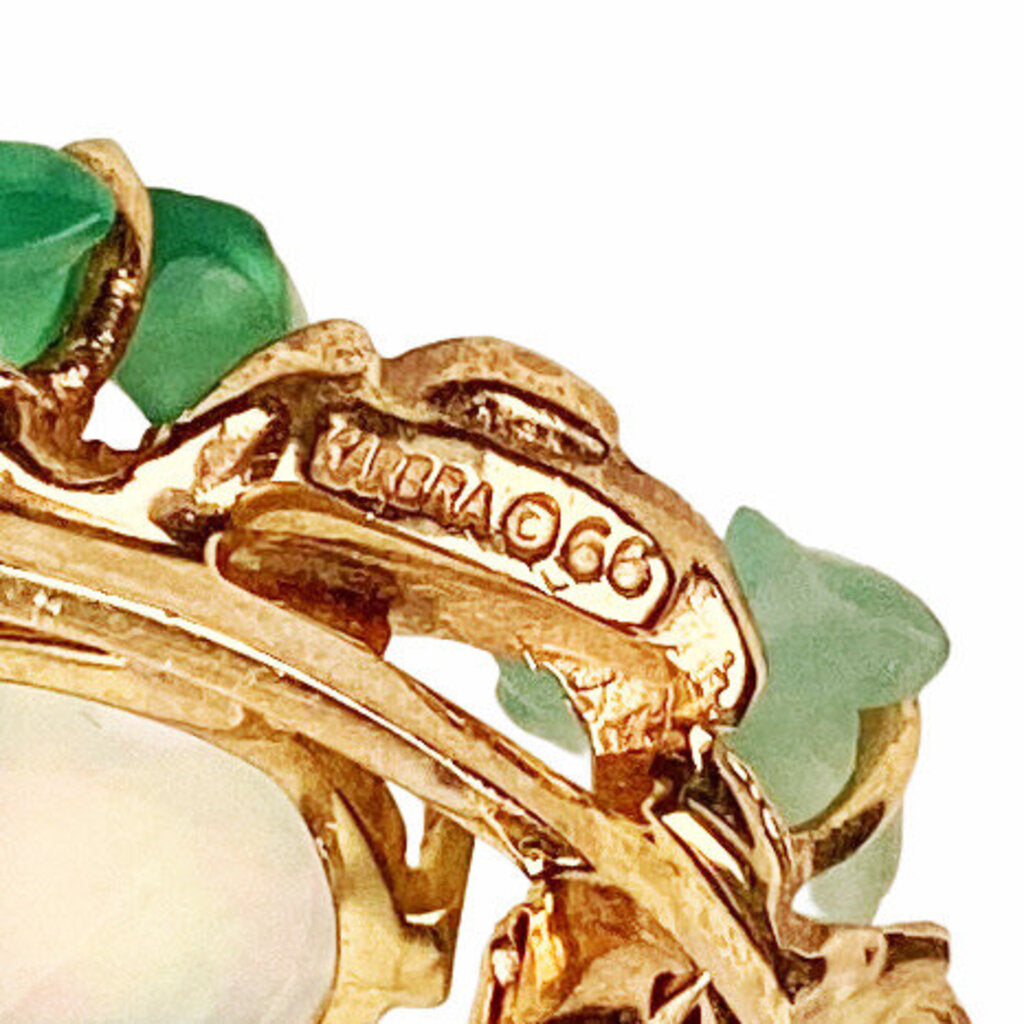 Arts & Crafts Style Water Opal & Carved Chalcedony 14Kt Gold Brooch Stamped Karbra