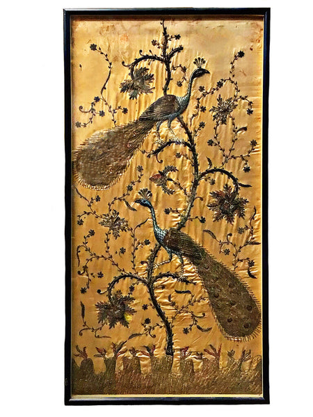 Antique Indian Silk Embroidered Panel, Peacocks