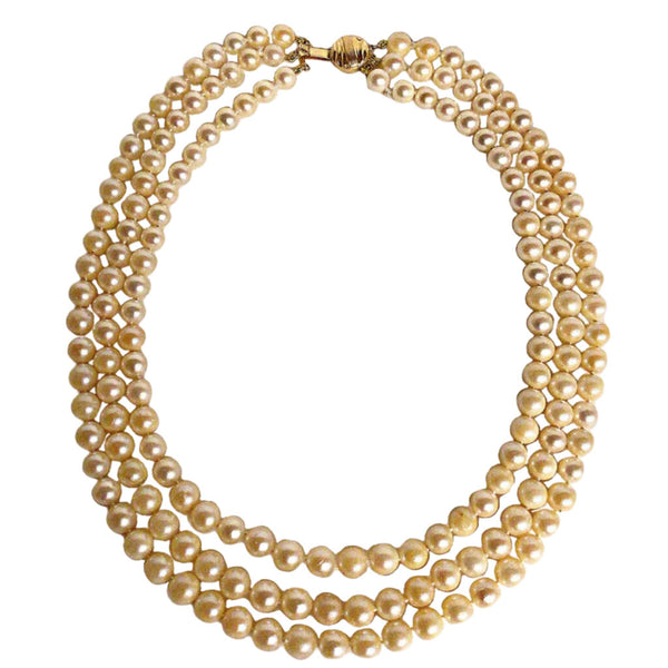 Three Strand Pearl Necklace w. 14Kt Yellow Gold Clasp