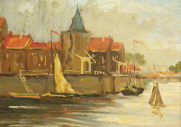Gustaff Van Loon. Canal Scene. Oil on Board