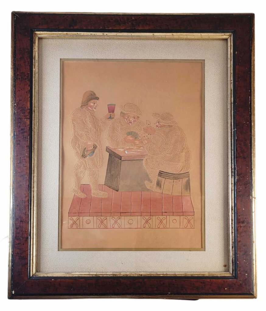 Men Playing Poker Antique Pin Prick Watercolor