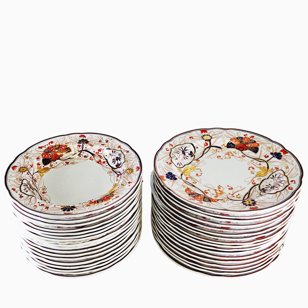 36pc. Copeland & Garrett Imari-Style New Japan Stone Dinner Plates & Soup Bowls, ca. 1833-47