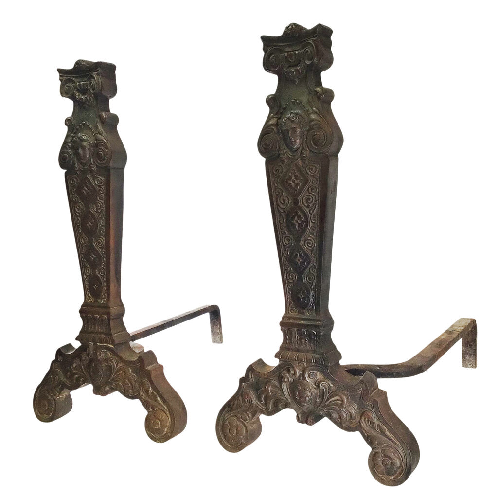 Pair/Antique Bronze & Cast Iron Figural Andirons