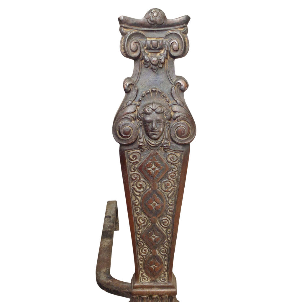 Pair/Antique Bronze & Cast Iron Figural Andirons