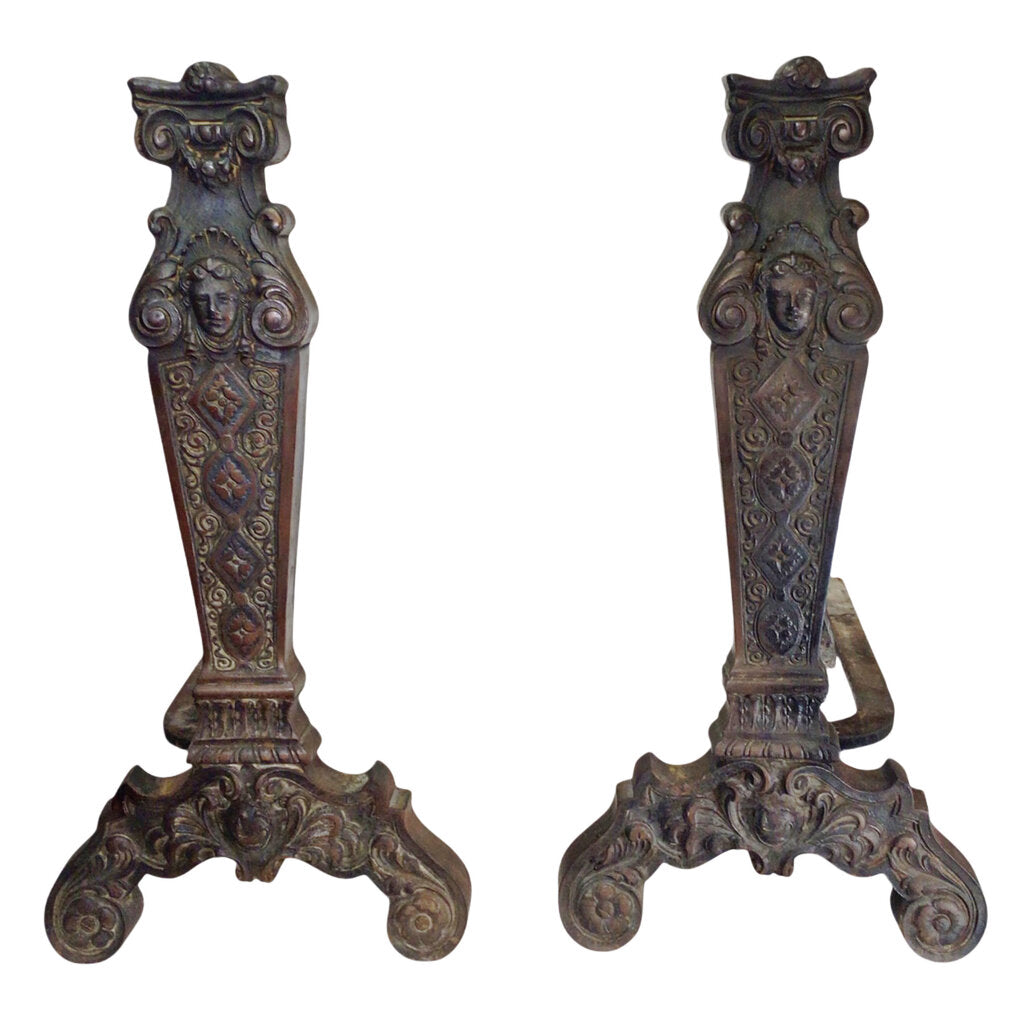 Pair/Antique Bronze & Cast Iron Figural Andirons