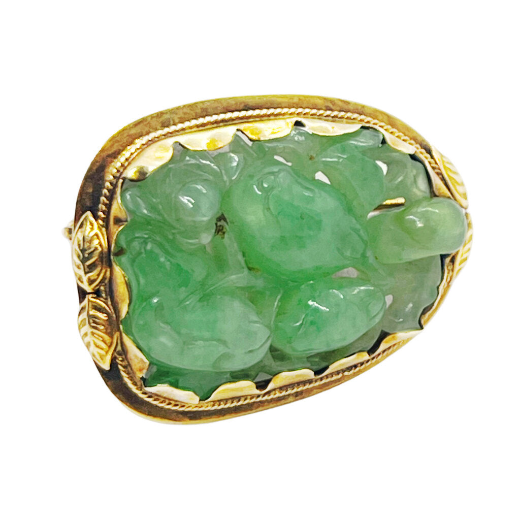 Antique Carved Jade Floral Plaque Mounted in 14Kt Gold Frame