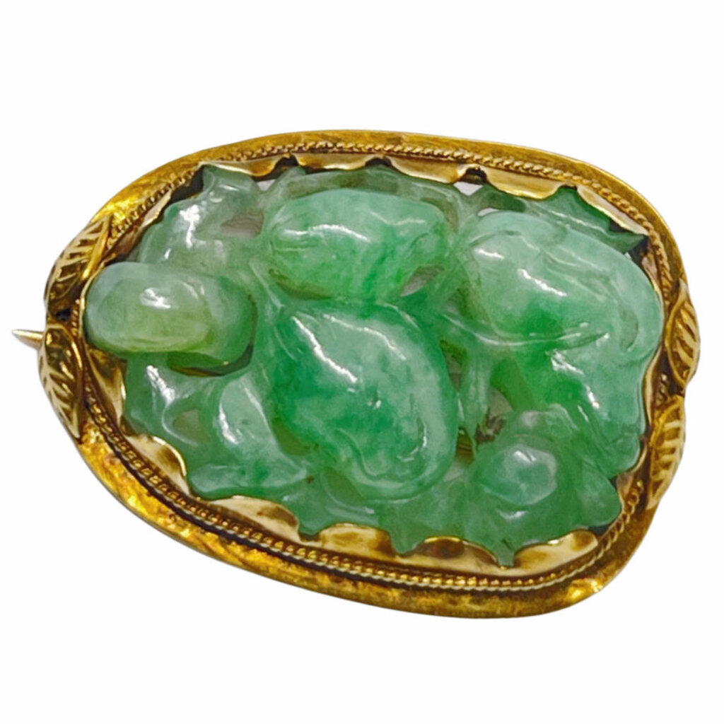 Antique Carved Jade Floral Plaque Mounted in 14Kt Gold Frame