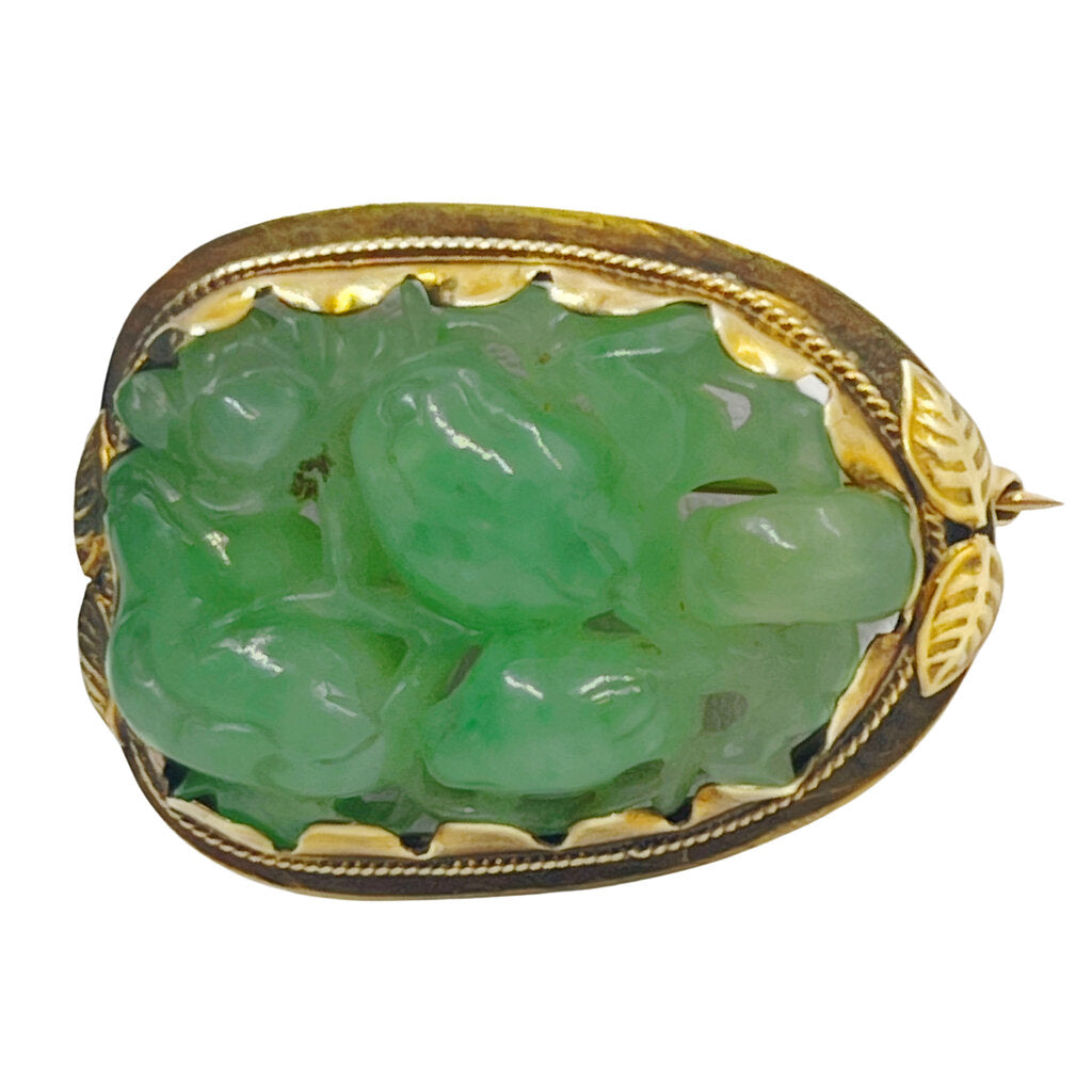 Antique Carved Jade Floral Plaque Mounted in 14Kt Gold Frame