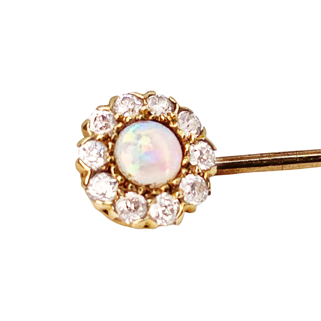 Antique Tiffany Stickpin Set w.Opal Surrounded by Old Cut Diamonds in 15Kt Gold (Tested)