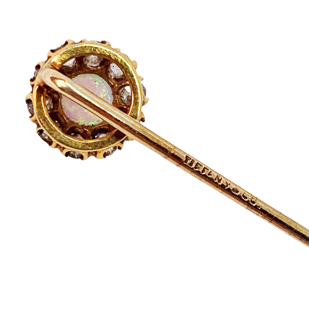 Antique Tiffany Stickpin Set w.Opal Surrounded by Old Cut Diamonds in 15Kt Gold (Tested)