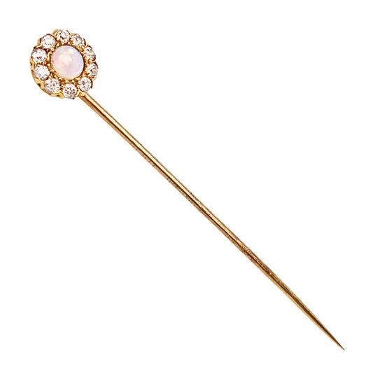 Antique Tiffany Stickpin Set w.Opal Surrounded by Old Cut Diamonds in 15Kt Gold (Tested)
