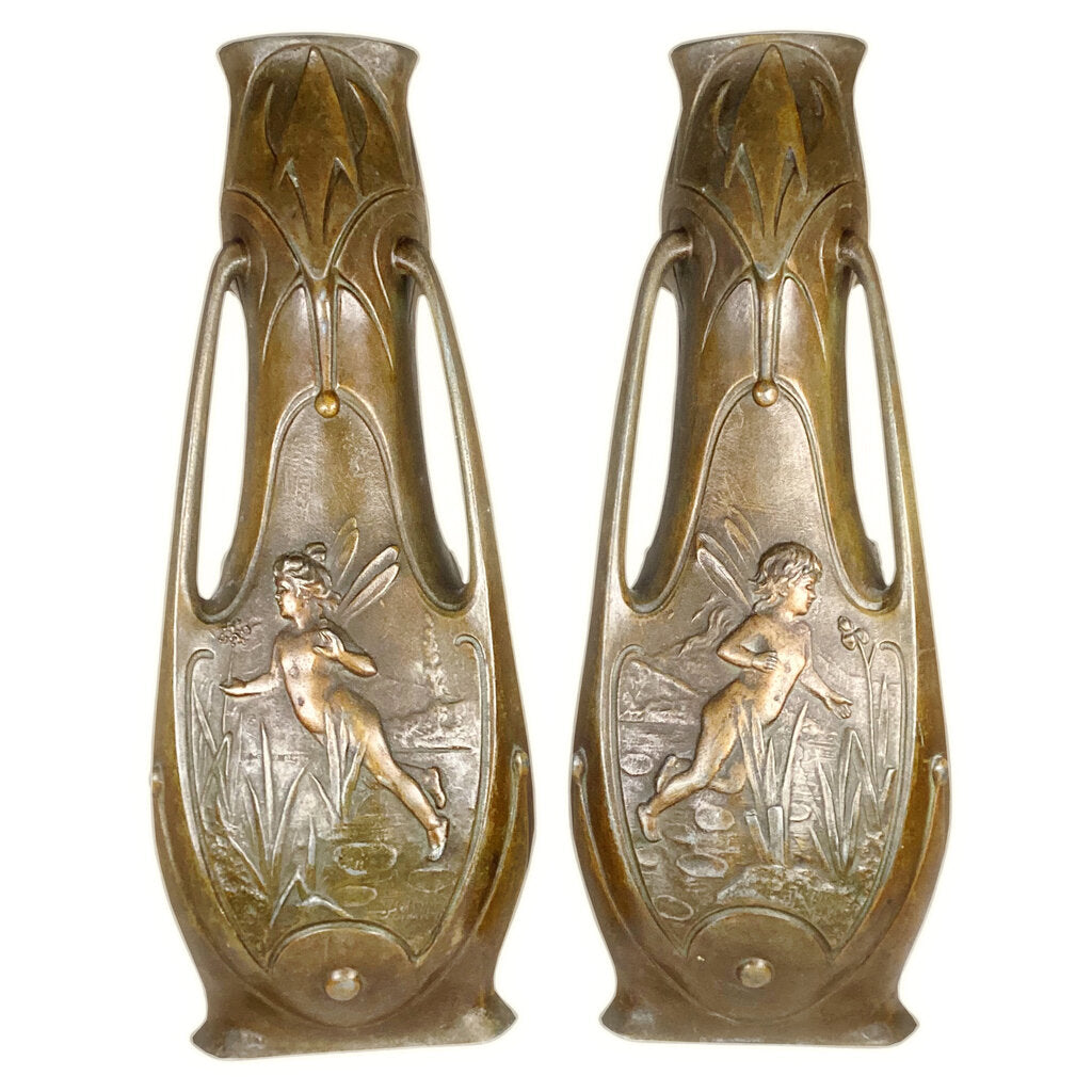 Pair of Jean Garnier Art Nouveu Spelter Fairy Vases