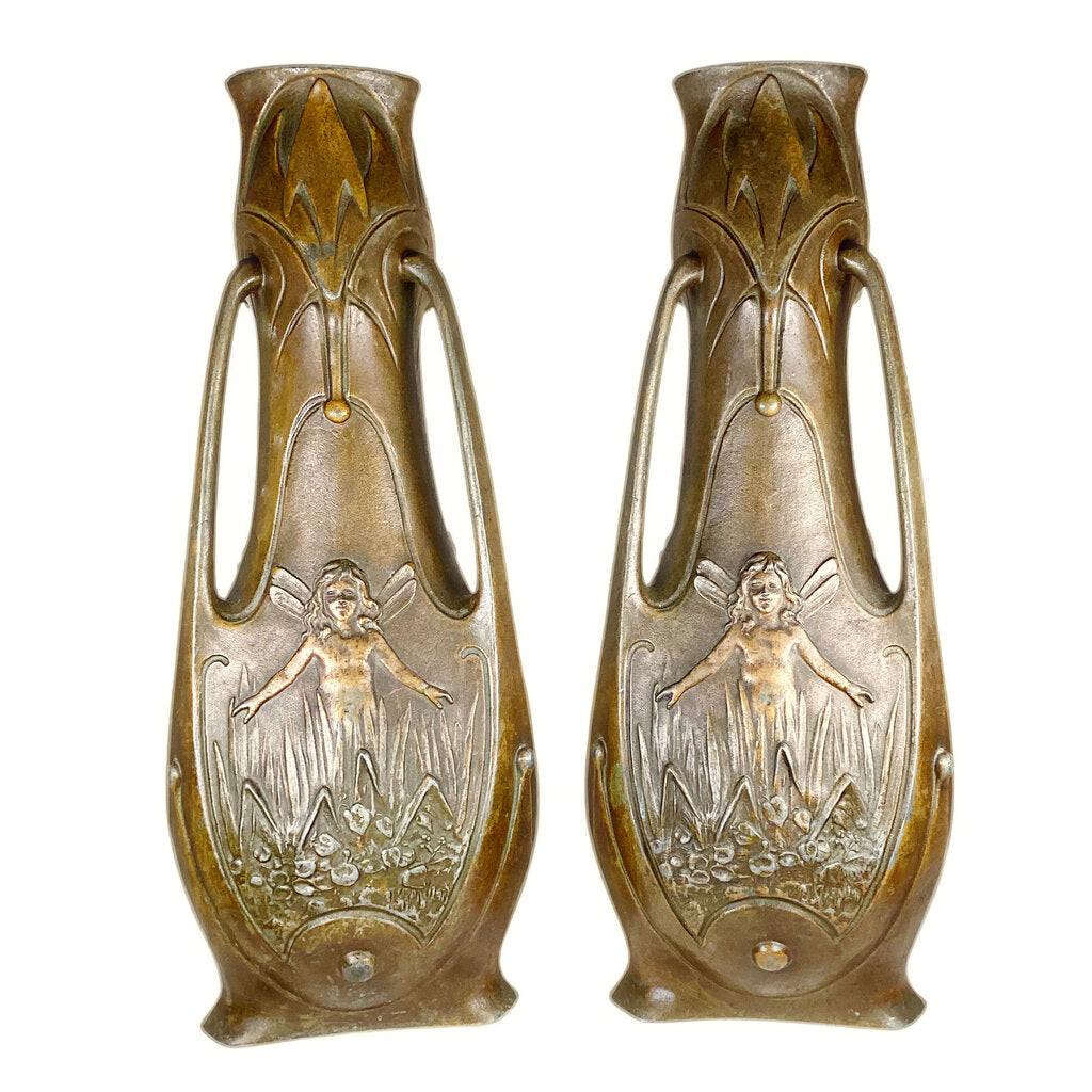 Pair of Jean Garnier Art Nouveu Spelter Fairy Vases