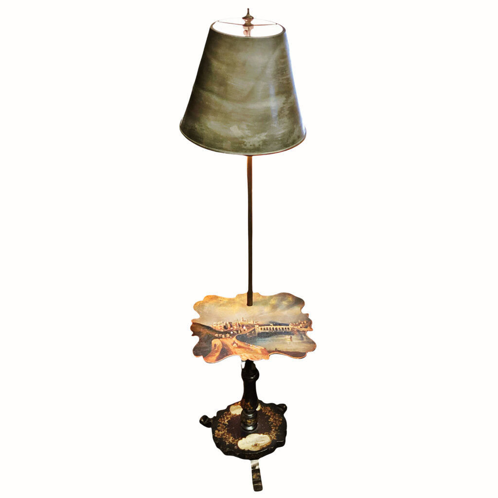 Floor Lamp w Painting of Blois France w Mother of Pearl Inlay