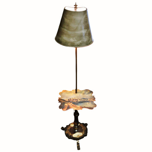 Floor Lamp w Painting of Blois France w Mother of Pearl Inlay