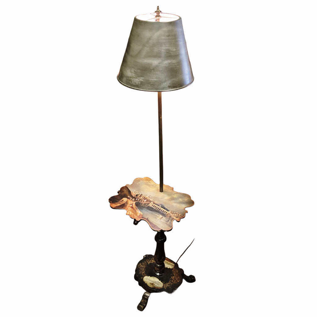 Floor Lamp w Painting of Blois France w Mother of Pearl Inlay