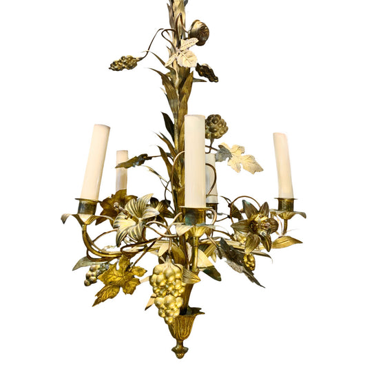 Belle Epoque Gilded Rose & Grape 5 Light Chandelier, early 1900's