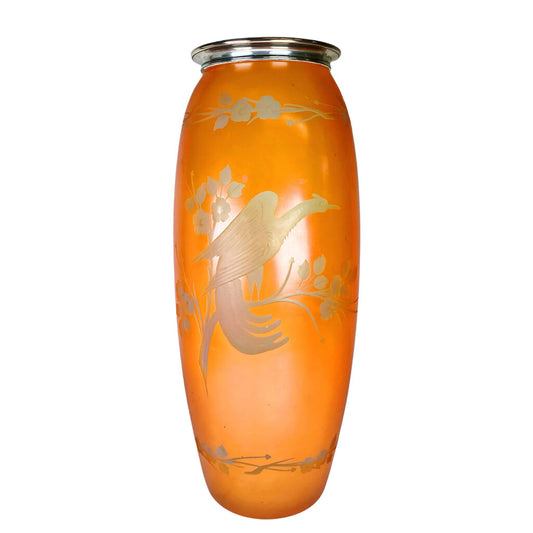 Hawkes & Co Orange Etched Phoenix Art Glass Vase w Sterling Rim