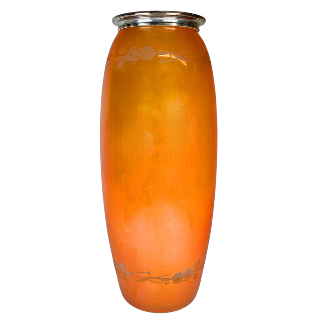 Hawkes & Co Orange Etched Phoenix Art Glass Vase w Sterling Rim