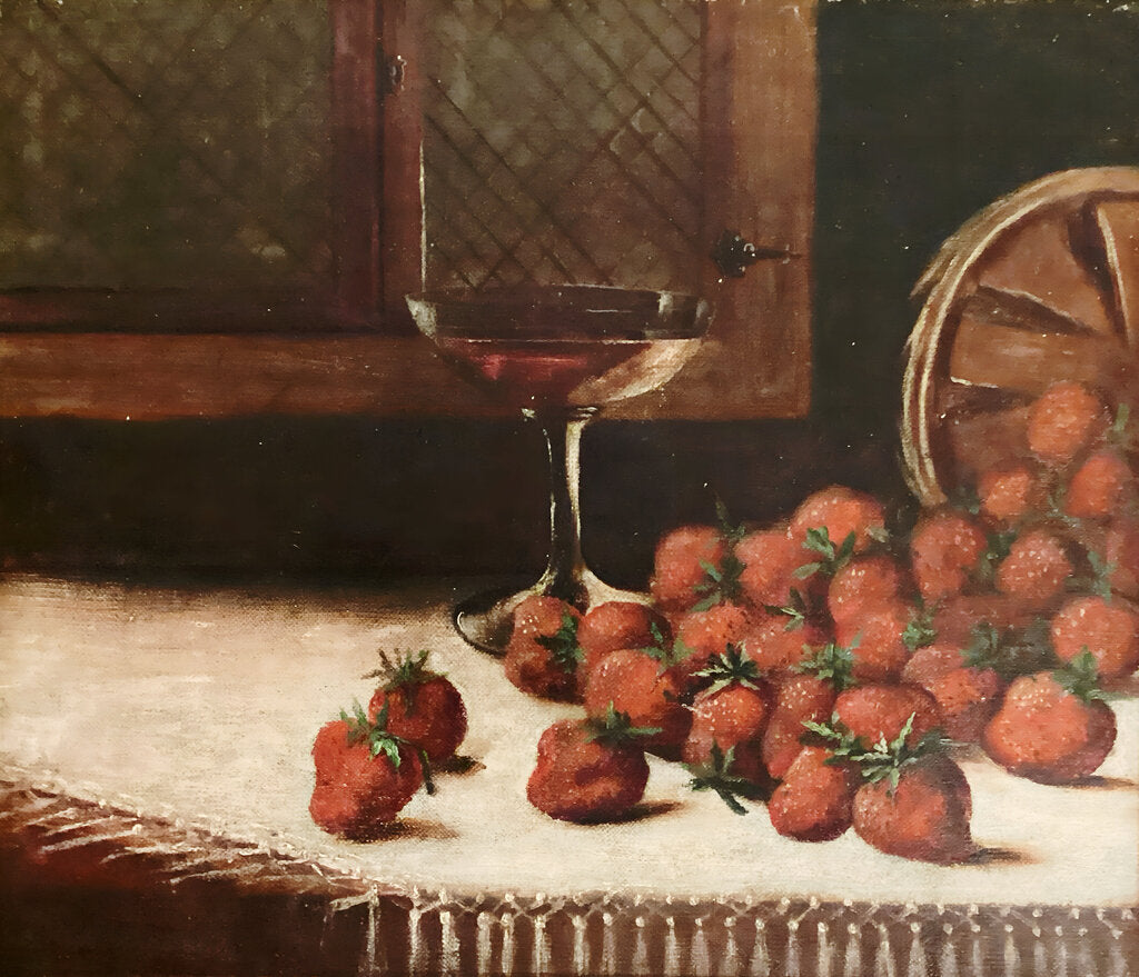 Still Life. Strawberries w Wine Glass. Oil on Canvas. 19th Century