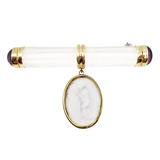 Vintage Rock Crystal Brooch Suspending Rock Crystal Relief of Cupid w. Amethyst Terminals in 14Kt Gold