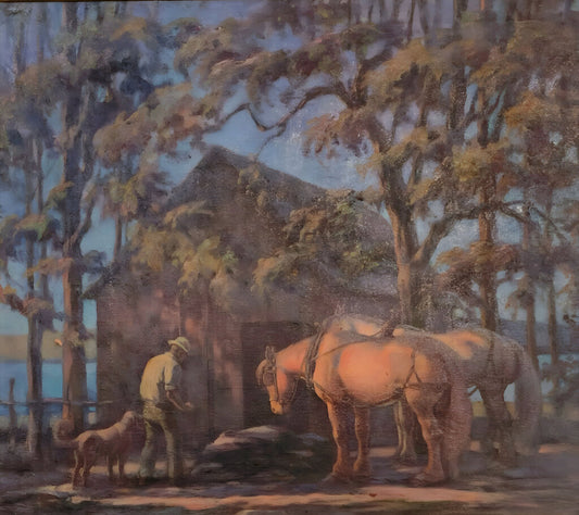 Alphonse Palumbo. Feeding Horses at Sunset. Oil on Canvas.