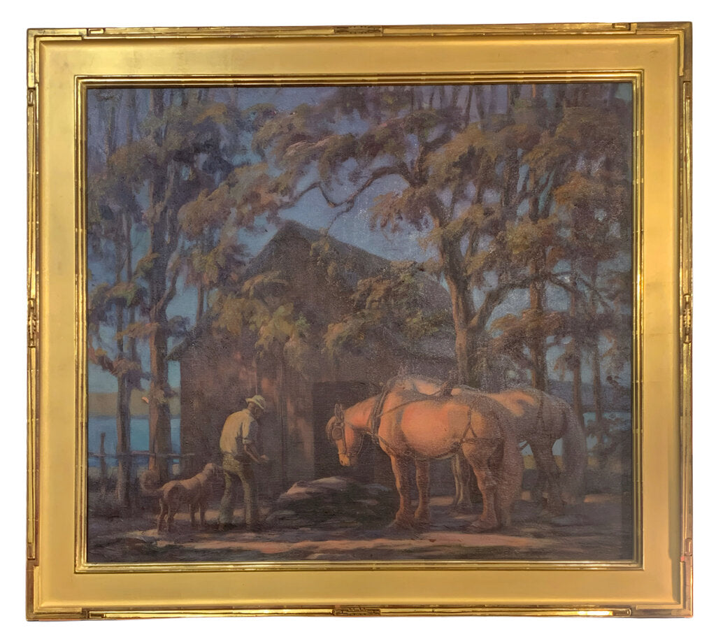 Alphonse Palumbo. Feeding Horses at Sunset. Oil on Canvas.