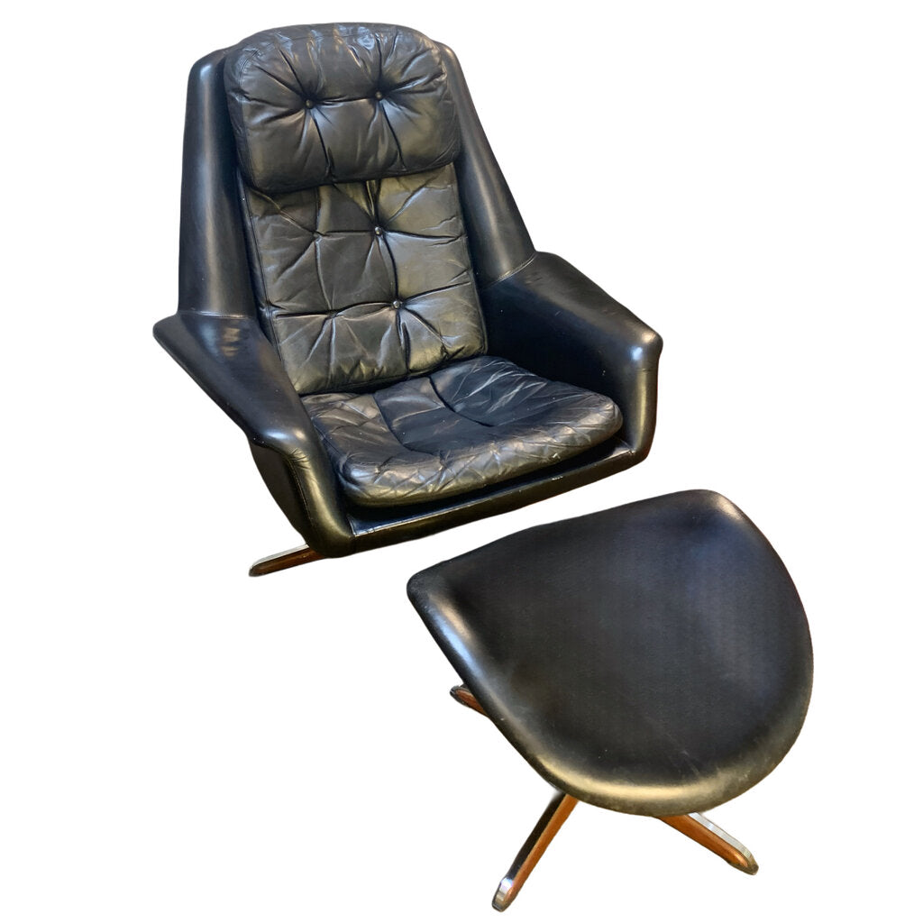 H.W. Klein for Bramin Mobler Black Leather Swivel Rocking Egg Chair & Ottoman