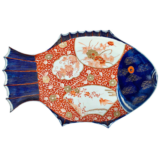 Japanese Imari Fish Platter Blue Fins & Red Birds