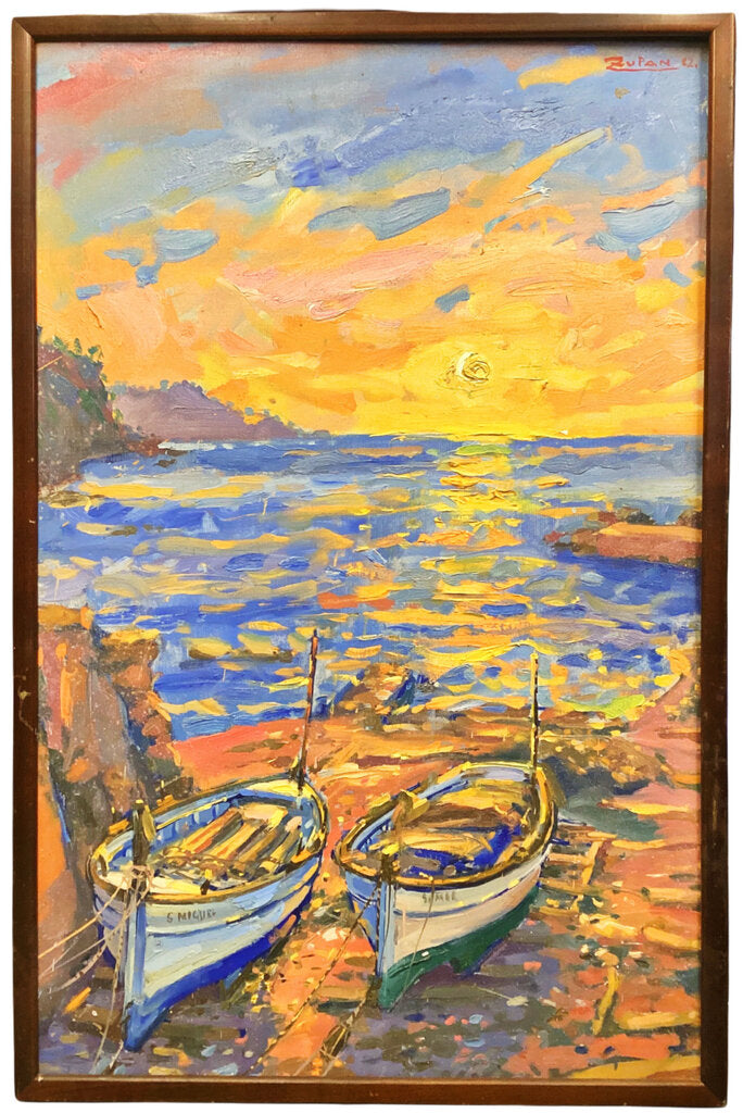 Bruno Zupan. Boats at Sunset. Oil on Canvas. 1982
