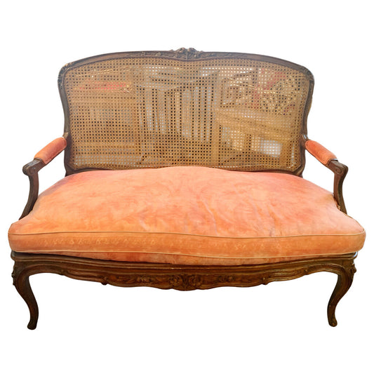 Antique Caned Loveseat w Scalamandre Cushion