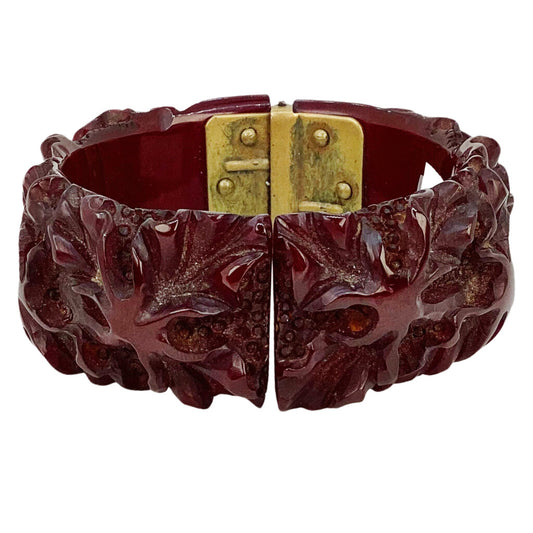 Vintage Carved Dark Red Bakelite Hinged Bracelet