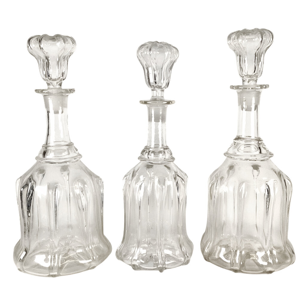 Set of 3 Handblown Bell Shaped Decanters, 19th Century