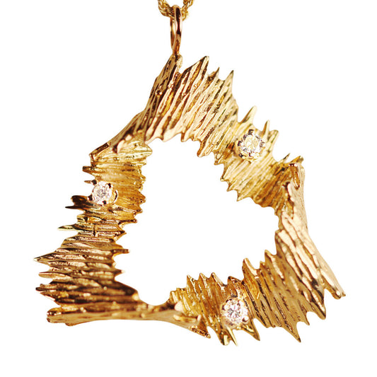 1970s Diamond & Textured 14Kt Gold Pendant w. Rope Chain Necklace