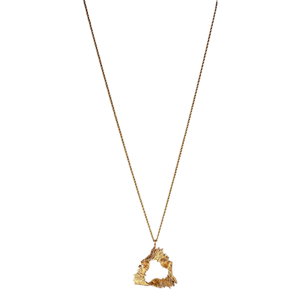 1970s Diamond & Textured 14Kt Gold Pendant w. Rope Chain Necklace