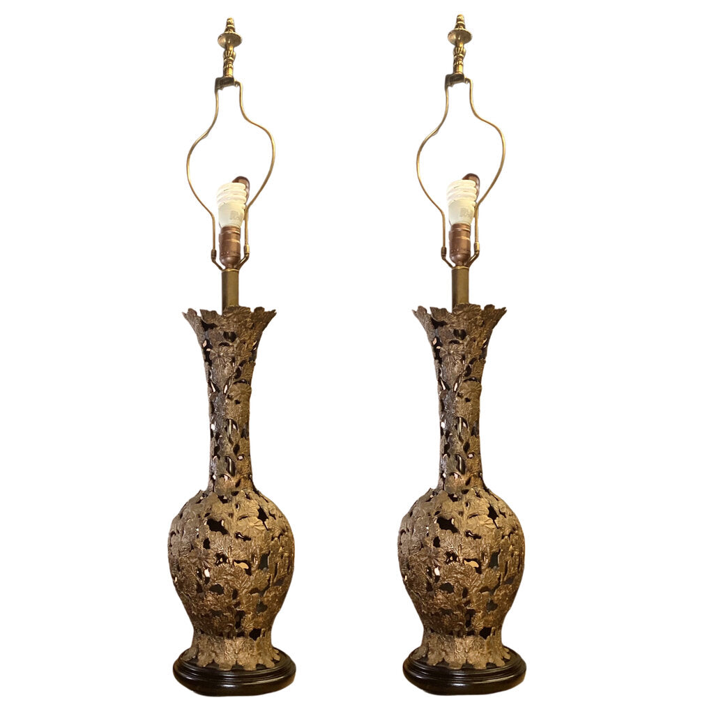 Mid Century Openwork Metal Lamps w. New Silk Shades