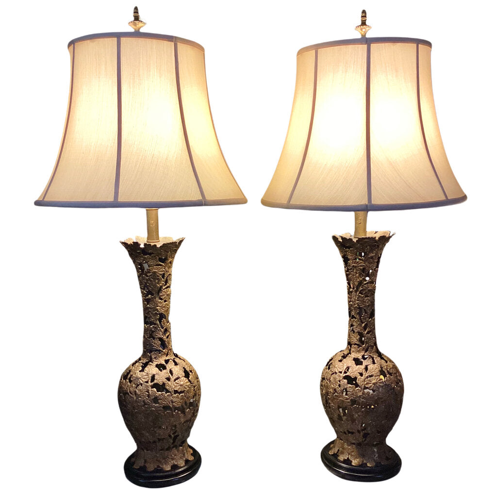 Mid Century Openwork Metal Lamps w. New Silk Shades