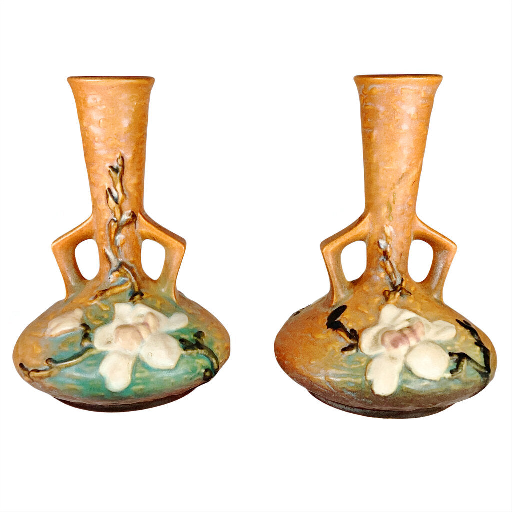 {Pair of Vintage Roseville Pottery Magnolia Vases