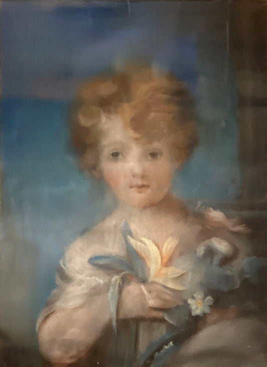 English Portrait of Child w Flowers. Pastel on Board. Unsigned.