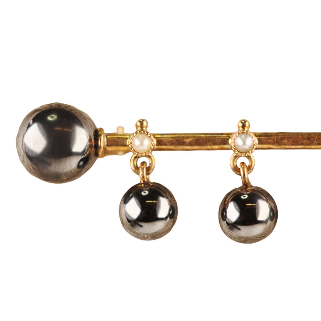Victorian Hematite & Seed Pearl Bar Pin in Yellow Gold Mount