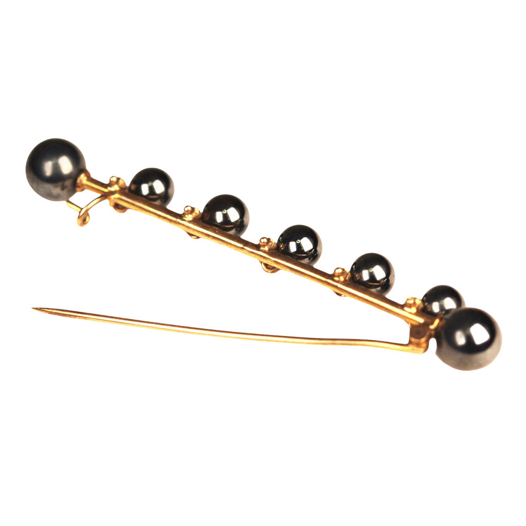 Victorian Hematite & Seed Pearl Bar Pin in Yellow Gold Mount