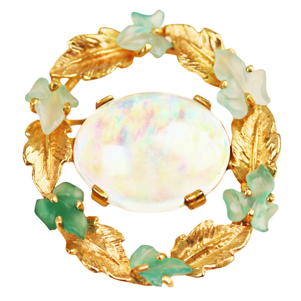 Arts & Crafts Style Water Opal & Carved Chalcedony 14Kt Gold Brooch Stamped Karbra