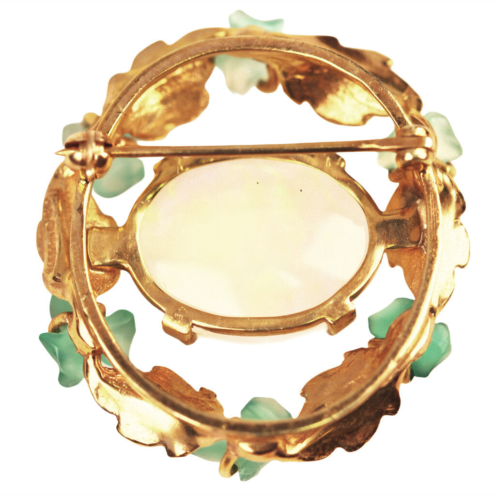 Arts & Crafts Style Water Opal & Carved Chalcedony 14Kt Gold Brooch Stamped Karbra