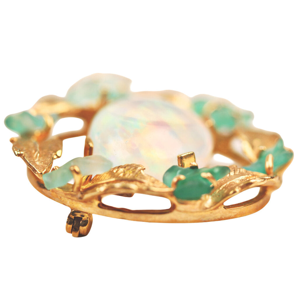 Arts & Crafts Style Water Opal & Carved Chalcedony 14Kt Gold Brooch Stamped Karbra