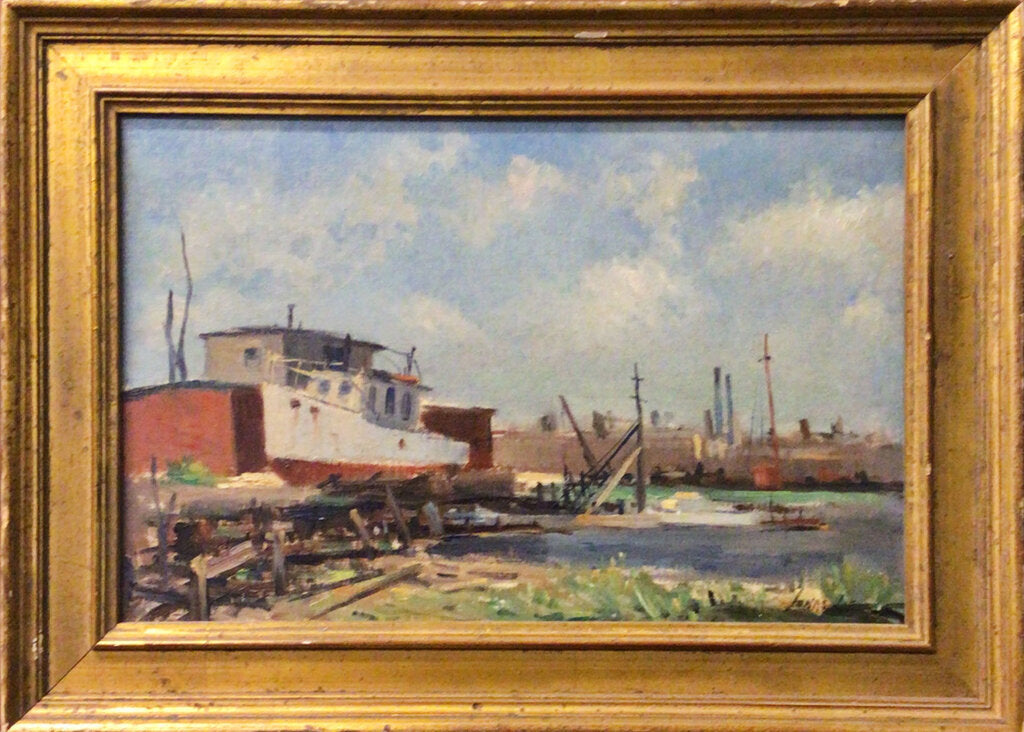 Jonas Lie. Port Scene. Oil on Canvasboard. Signed Lower Right. 20th Century