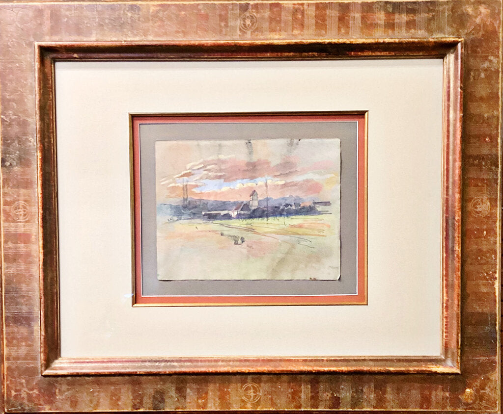 Sunset Landscape w/ Village, Mixed Media, 20th Century.
