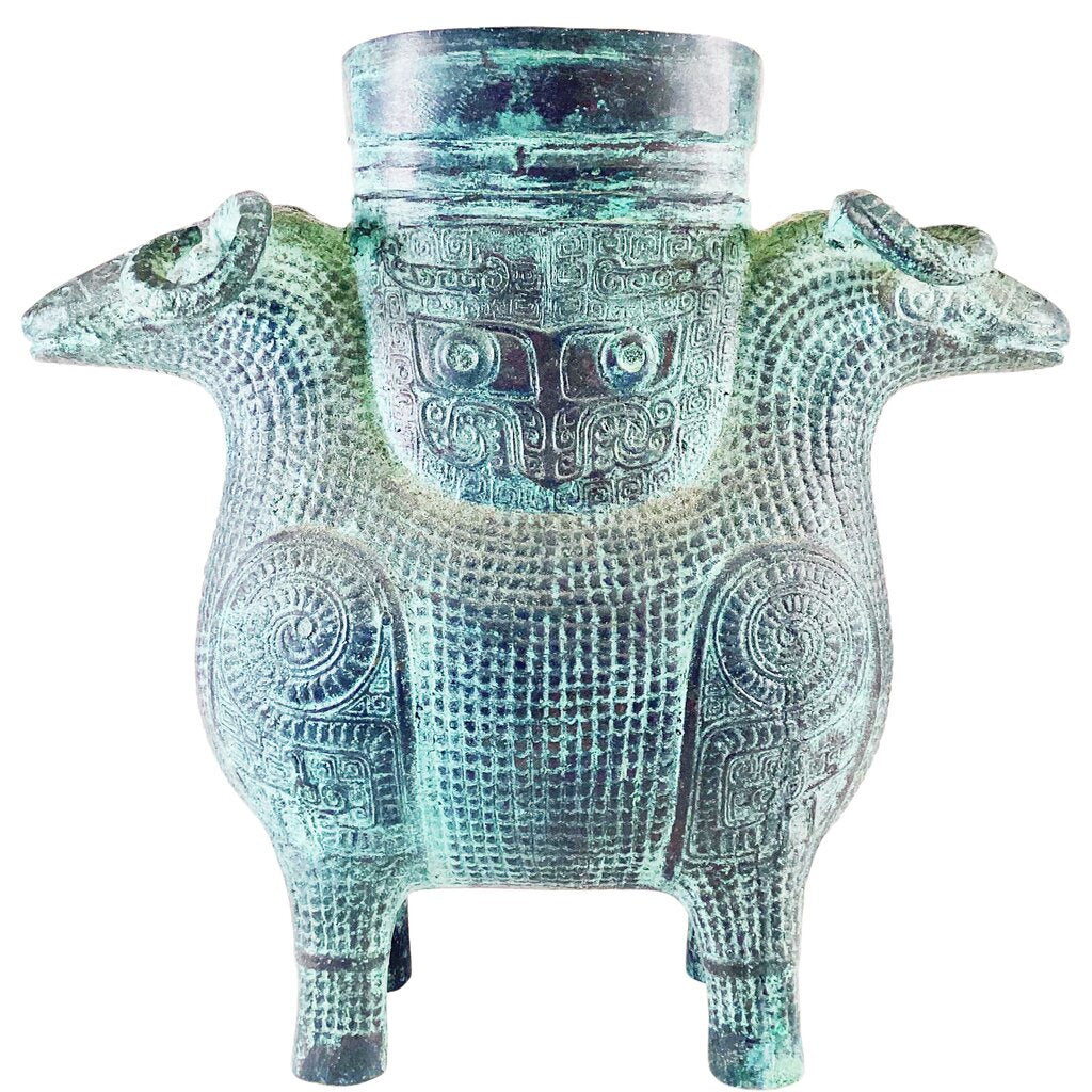 Archaic Double Ram Bronze Zun Vessel w/ Custom Box